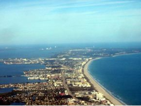 Aerial view of beach and buildings